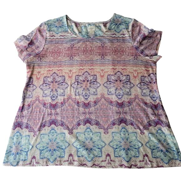 Chico's Tops - Chicos Womens Top Blouse Medallion Large Blue White Pink Pastel Artsy Art Spring